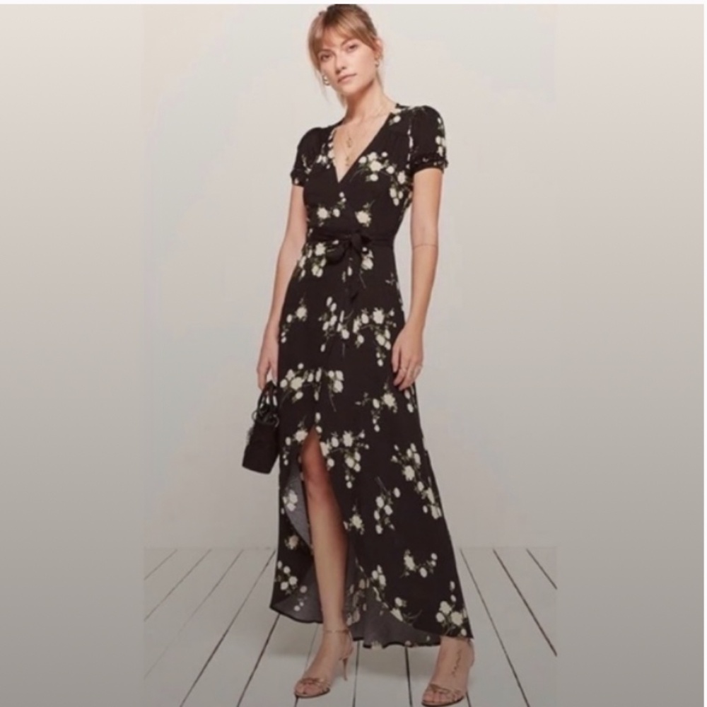 Reformation Maria Maxi Black Dress Wrap Contessa Pattern Size S